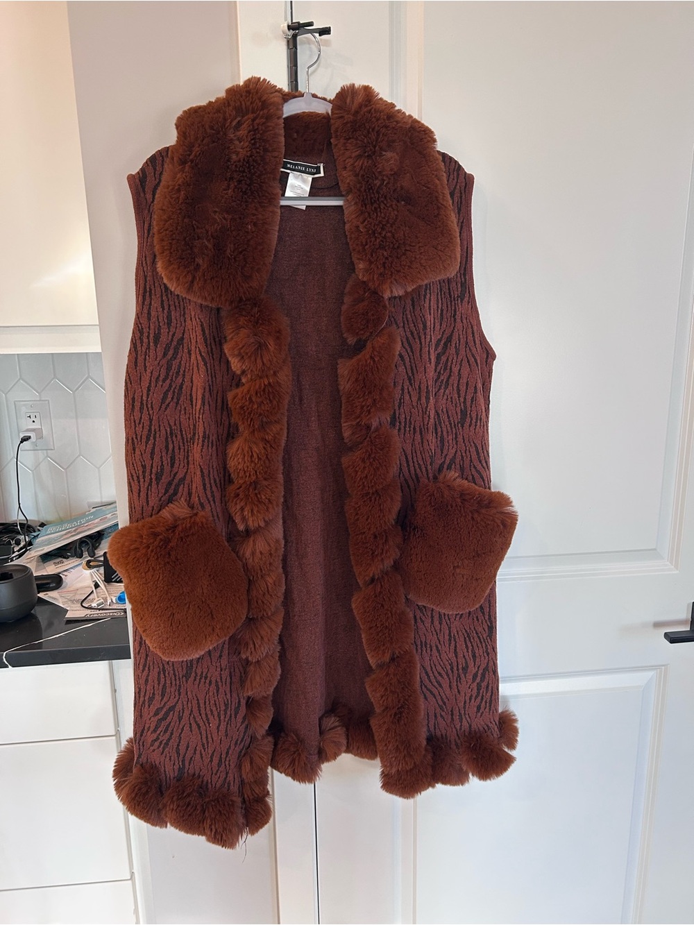 Melanie Lyne Brown Tiger Stripe Faux Fur Trim Coatigan Sleeveless Open Front